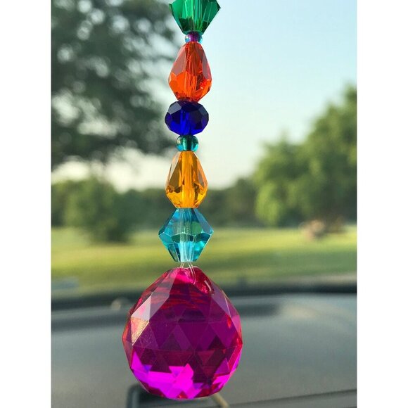 Beaded Suncatcher Car Charm Rearview Mirror Ornament Pink Crystal Prism Jewel - Picture 5 of 9